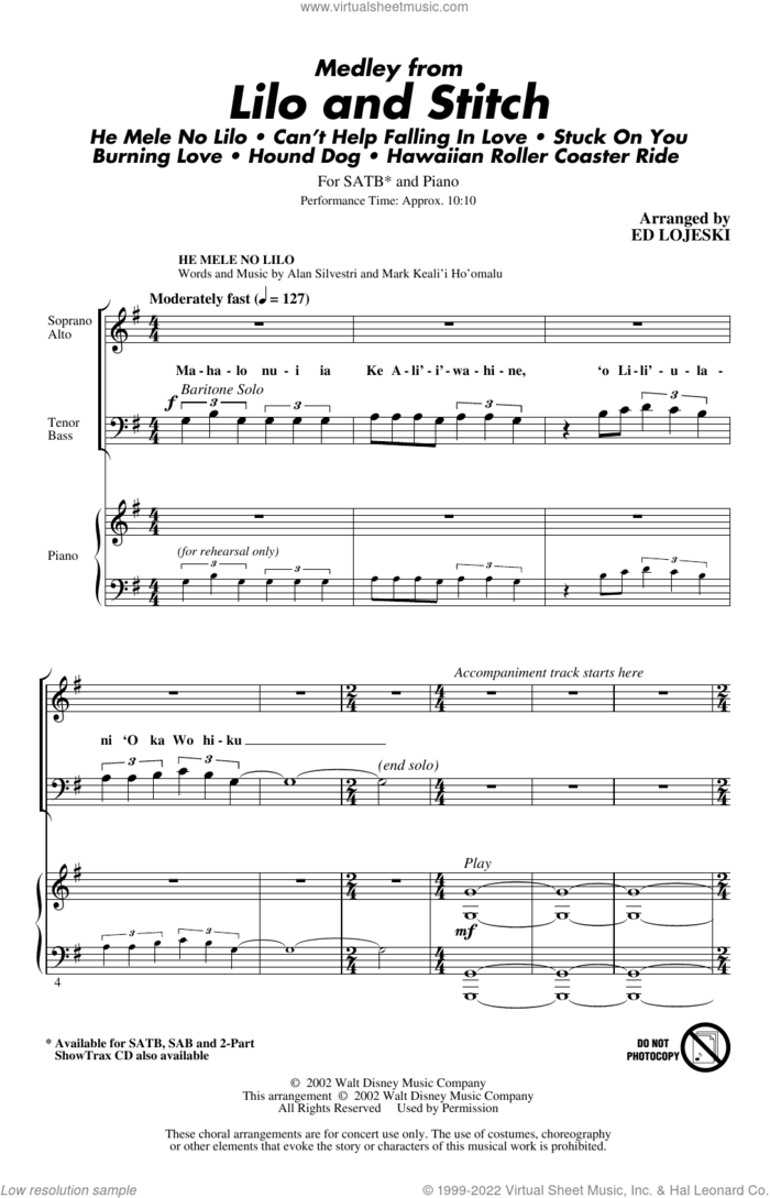 Lilo And Stitch (Medley) sheet music for choir (SATB: soprano, alto, tenor, bass) by Ed Lojeski, intermediate skill level