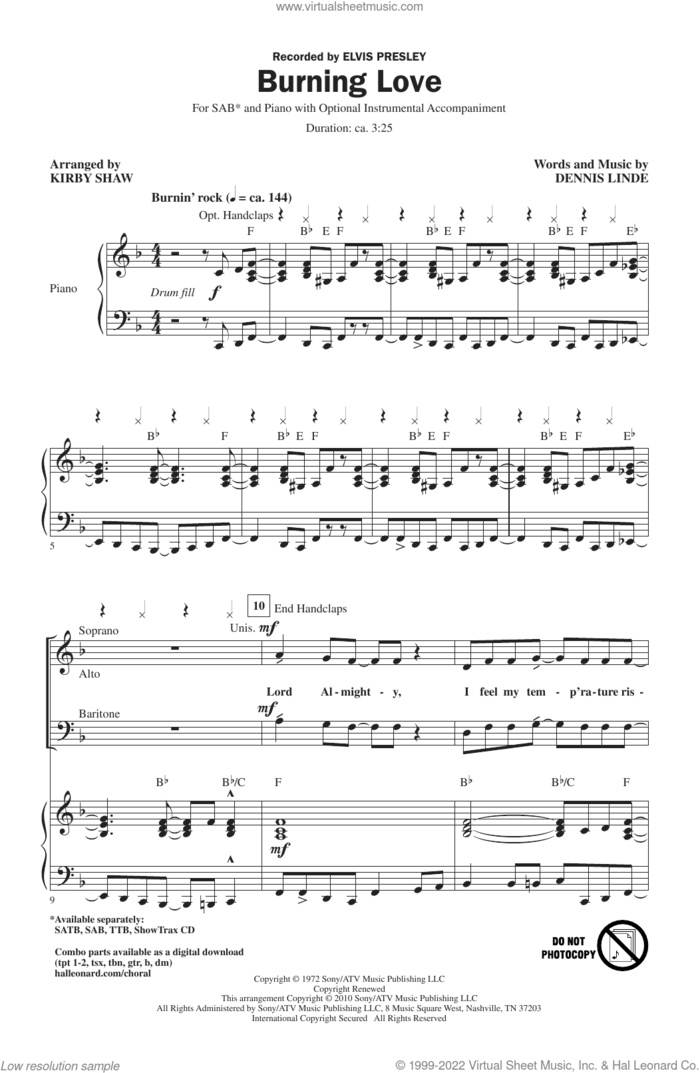 Burning Love (arr. Kirby Shaw) sheet music for choir (SAB: soprano, alto, bass) by Elvis Presley, Kirby Shaw and Dennis Linde, intermediate skill level