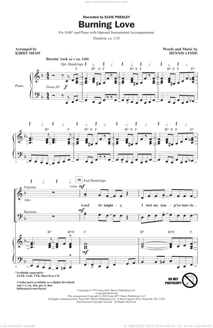 Burning Love (arr. Kirby Shaw) sheet music for choir (SAB: soprano, alto, bass) by Elvis Presley, Kirby Shaw and Dennis Linde, intermediate skill level