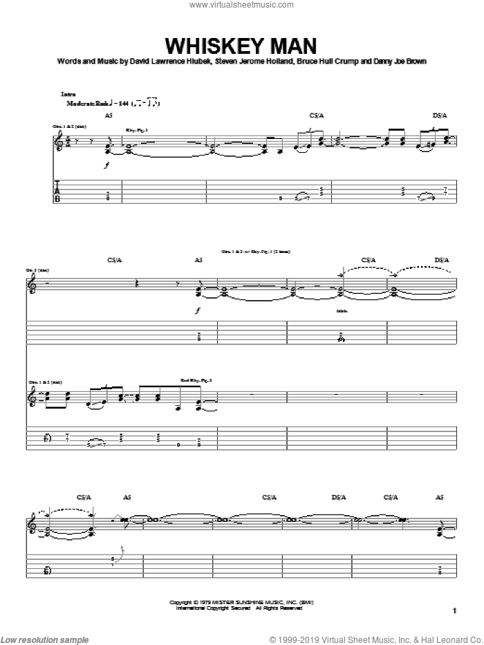 Whiskey Man sheet music for guitar (tablature) by Molly Hatchet, Bruce Hull Crump, David Lawrence Hlubek and Steven Jerome Holland, intermediate skill level