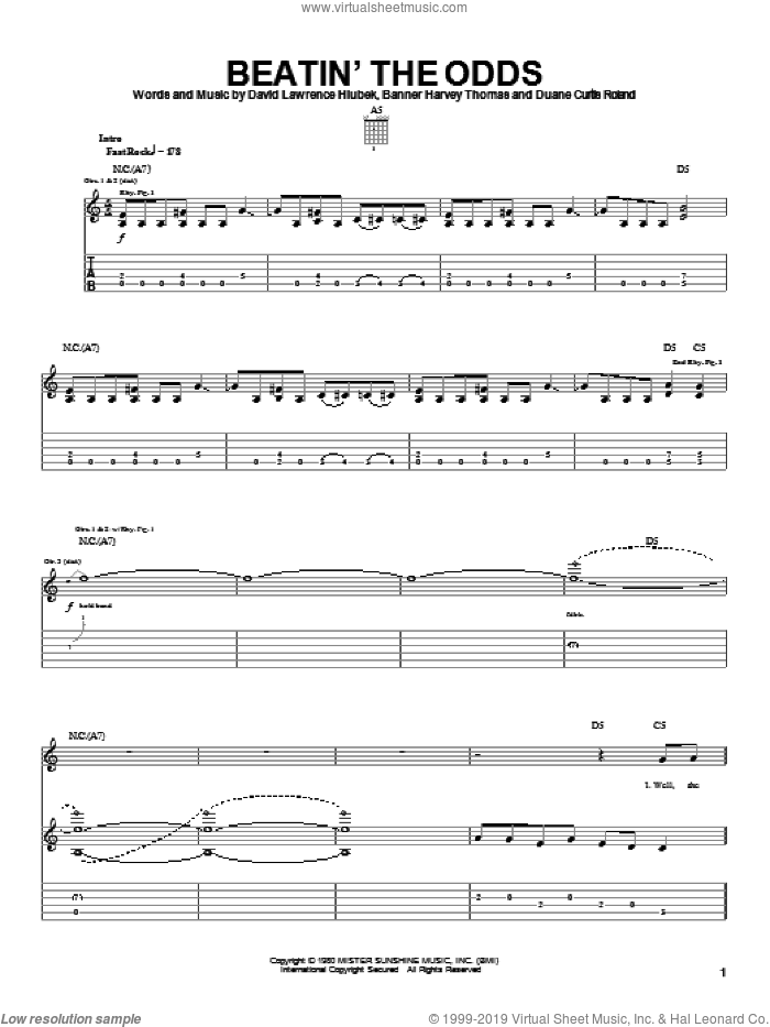 Beatin' The Odds sheet music for guitar (tablature) by Molly Hatchet, Banner Harvey Thomas, David Lawrence Hlubek and Duane Curtis Roland, intermediate skill level