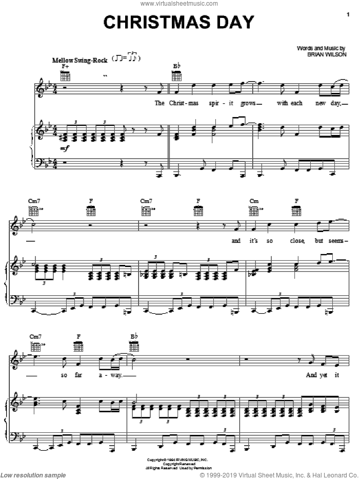 Christmas Day sheet music for voice, piano or guitar by The Beach Boys and Brian Wilson, intermediate skill level