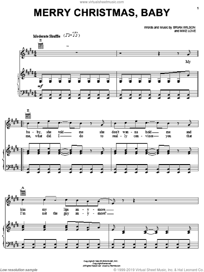 Merry Christmas, Baby sheet music for voice, piano or guitar by The Beach Boys, Brian Wilson and Mike Love, intermediate skill level