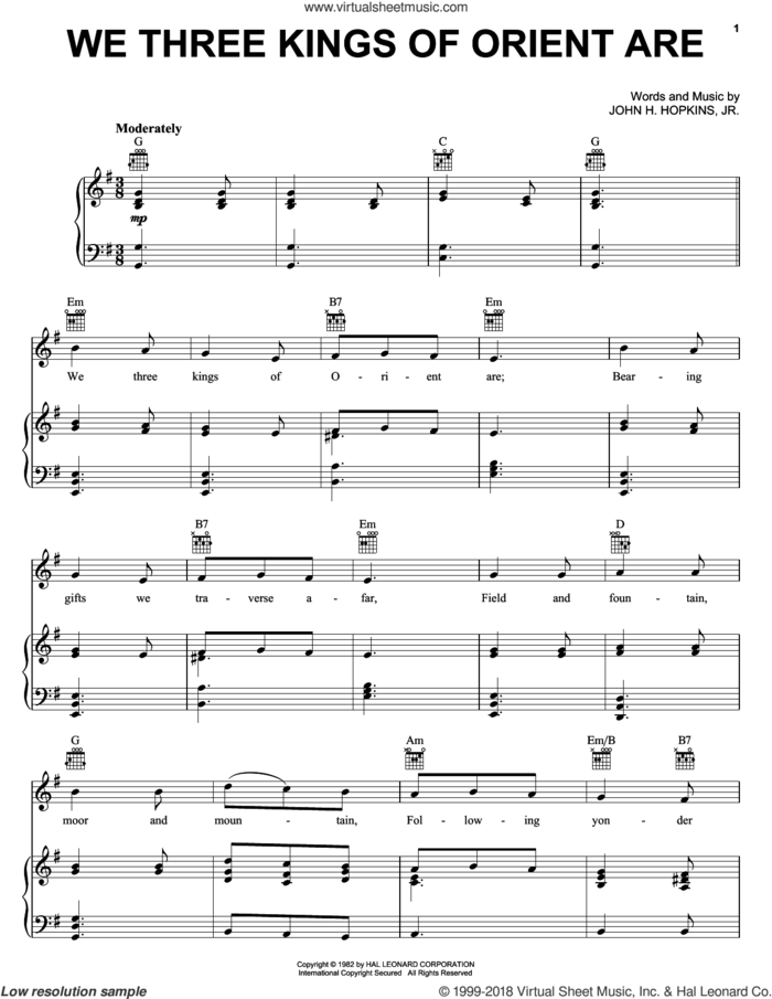 We Three Kings Of Orient Are sheet music for voice, piano or guitar by John H. Hopkins, Jr., intermediate skill level