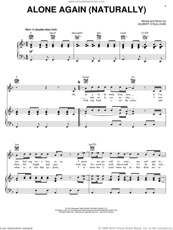 Alone Again (Naturally) sheet music for voice, piano or guitar by Gilbert O'Sullivan, intermediate skill level