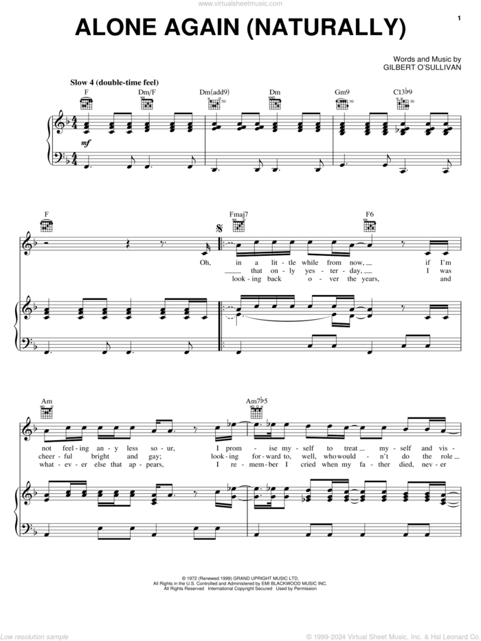 Alone Again (Naturally) sheet music for voice, piano or guitar by Gilbert O'Sullivan, intermediate skill level