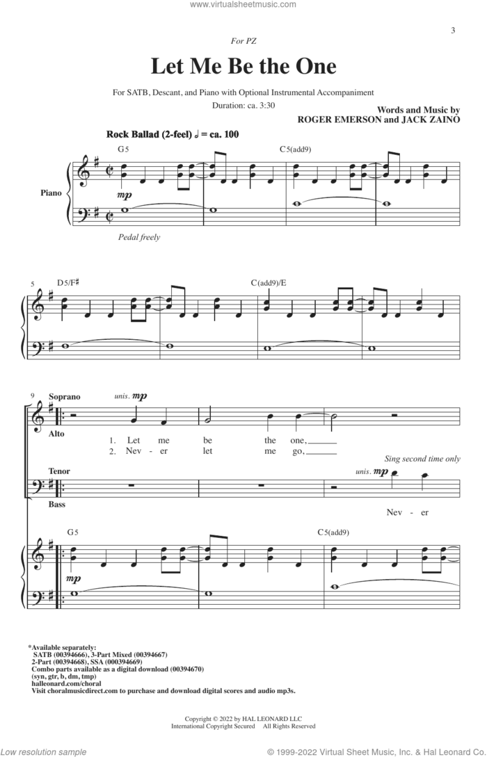 Let Me Be The One sheet music for choir (SATB: soprano, alto, tenor, bass) by Roger Emerson & Jack Zaino, Jack Zaino and Roger Emerson, intermediate skill level