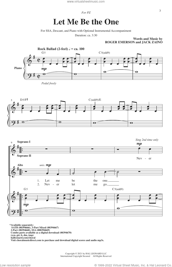 Let Me Be The One sheet music for choir (SSA: soprano, alto) by Roger Emerson & Jack Zaino, Jack Zaino and Roger Emerson, intermediate skill level