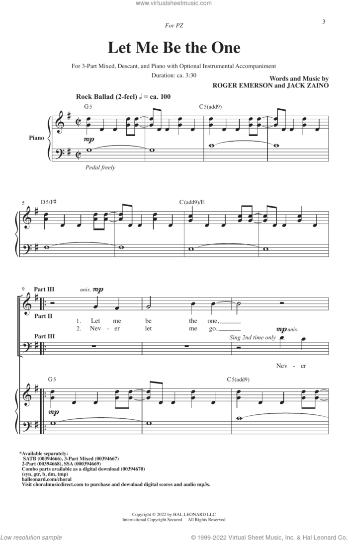 Let Me Be The One sheet music for choir (SAB: soprano, alto, bass) by Roger Emerson & Jack Zaino, Jack Zaino and Roger Emerson, intermediate skill level