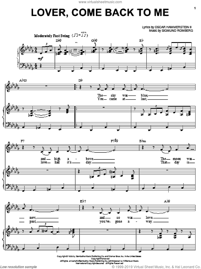 Lover, Come Back To Me sheet music for voice and piano by Billie Holiday, Oscar II Hammerstein and Sigmund Romberg, intermediate skill level