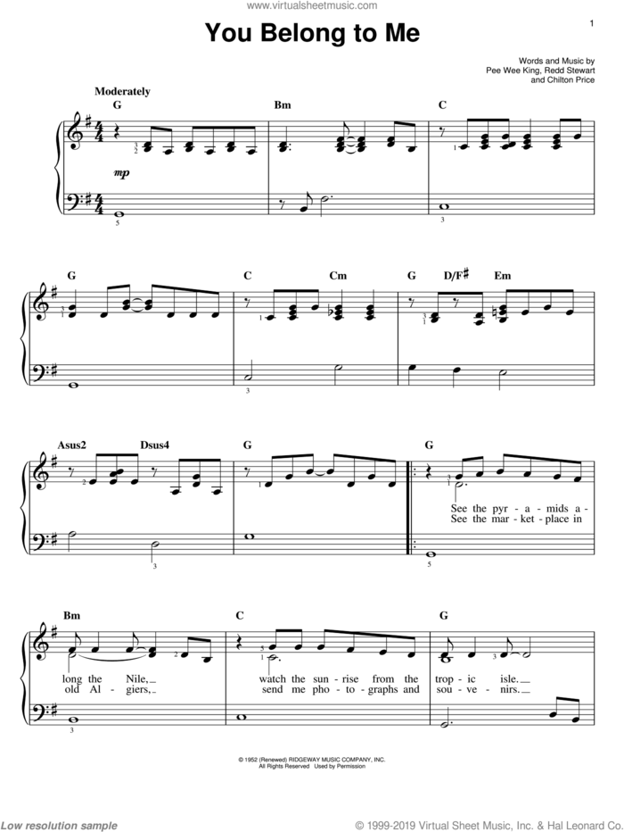 You Belong To Me sheet music for piano solo by Patsy Cline, Shrek (Movie), Chilton Price, Pee Wee King and Redd Stewart, easy skill level