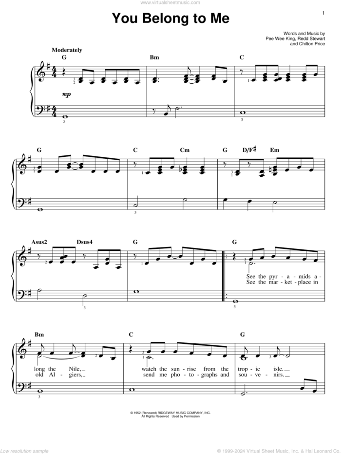 You Belong To Me sheet music for piano solo by Patsy Cline, Shrek (Movie), Chilton Price, Pee Wee King and Redd Stewart, easy skill level