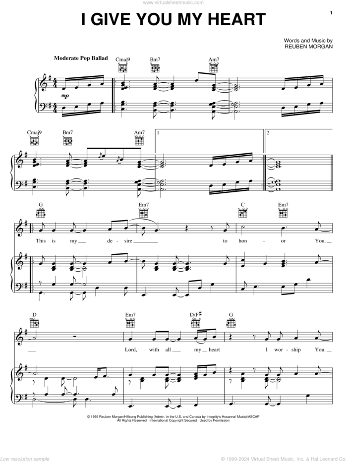 I Give You My Heart sheet music for voice, piano or guitar by The Katinas, Jeff Deyo and Reuben Morgan, intermediate skill level