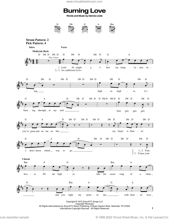 Burning Love sheet music for guitar solo (chords) by Elvis Presley and Dennis Linde, easy guitar (chords)