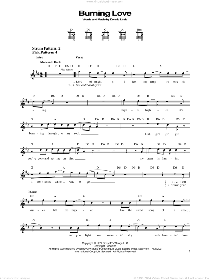 Burning Love sheet music for guitar solo (chords) by Elvis Presley and Dennis Linde, easy guitar (chords)