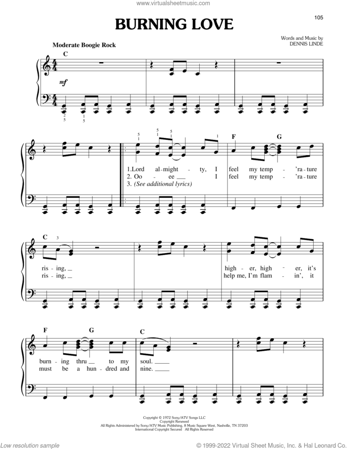 Burning Love, (easy) sheet music for piano solo by Elvis Presley and Dennis Linde, easy skill level
