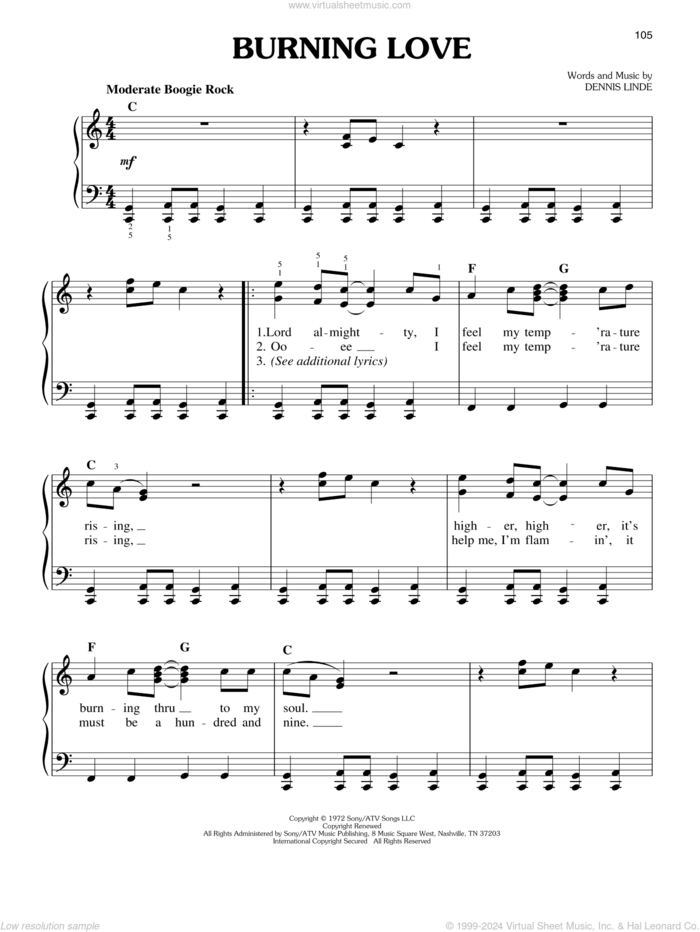 Burning Love, (easy) sheet music for piano solo by Elvis Presley and Dennis Linde, easy skill level