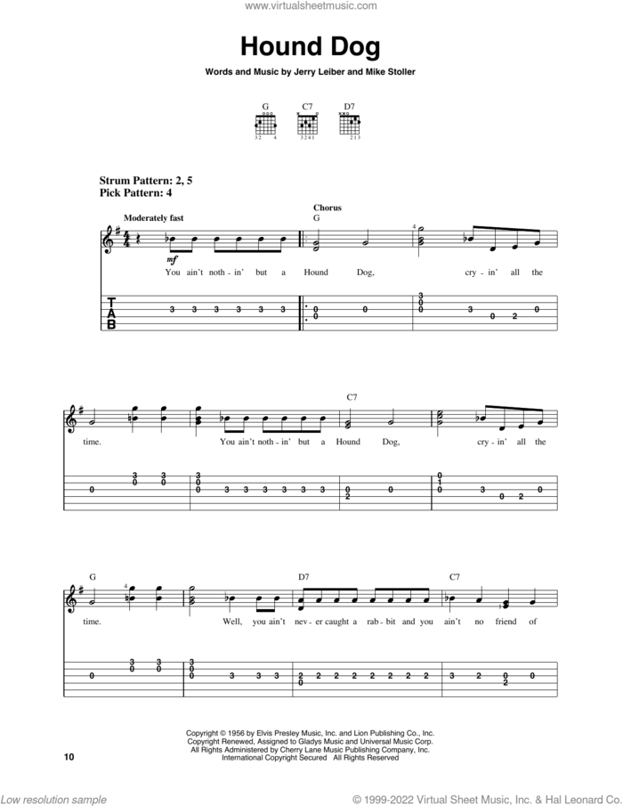 Hound Dog sheet music for guitar solo (easy tablature) by Elvis Presley, Jerry Leiber and Mike Stoller, easy guitar (easy tablature)