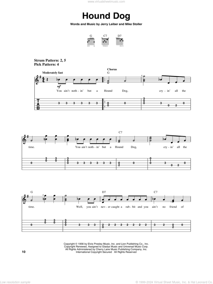 Hound Dog sheet music for guitar solo (easy tablature) by Elvis Presley, Jerry Leiber and Mike Stoller, easy guitar (easy tablature)