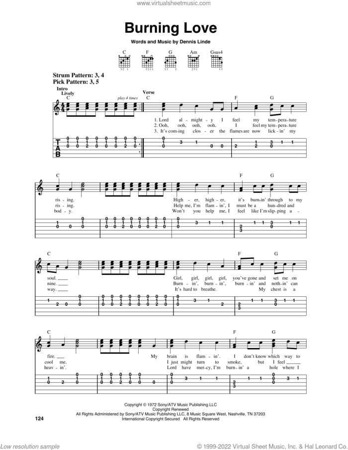 Burning Love sheet music for guitar solo (easy tablature) by Elvis Presley and Dennis Linde, easy guitar (easy tablature)