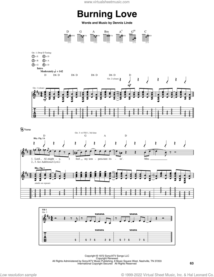 Burning Love sheet music for guitar (tablature) by Elvis Presley and Dennis Linde, intermediate skill level