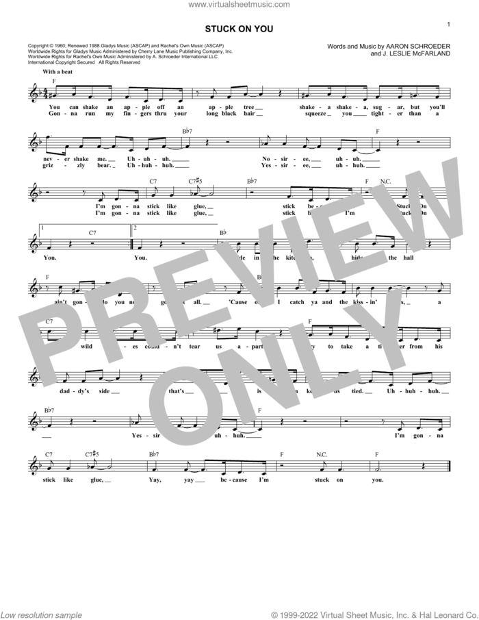 Stuck On You sheet music for voice and other instruments (fake book) by Elvis Presley, Aaron Schroeder and J. Leslie McFarland, intermediate skill level