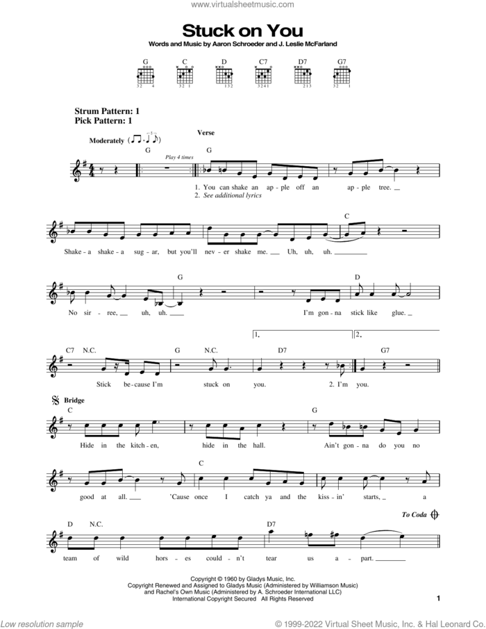 Stuck On You sheet music for guitar solo (chords) by Elvis Presley, Aaron Schroeder and J. Leslie McFarland, easy guitar (chords)