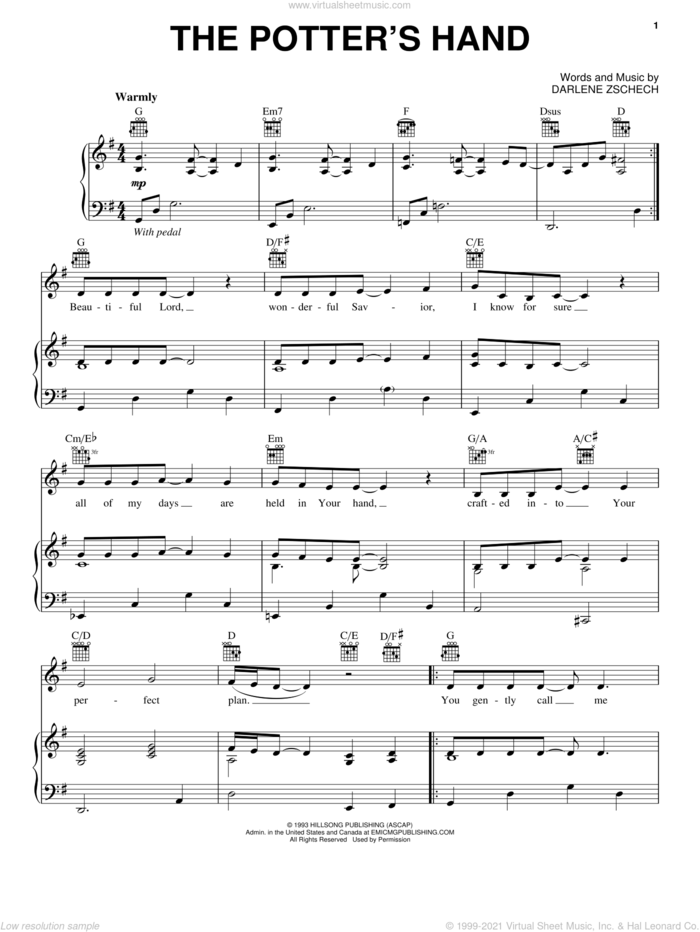 The Potter's Hand sheet music for voice, piano or guitar by Darlene Zschech, intermediate skill level