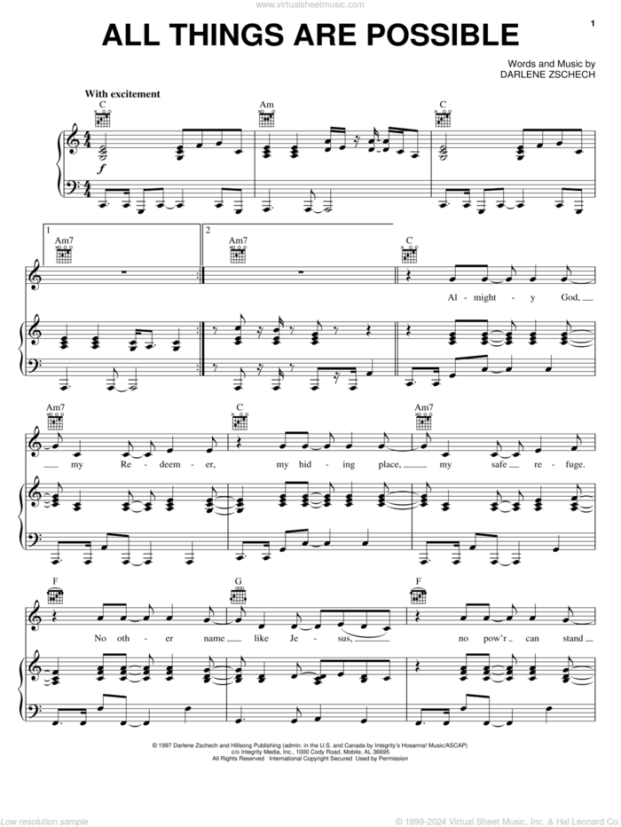 All Things Are Possible sheet music for voice, piano or guitar by Hillsong Worship and Darlene Zschech, intermediate skill level