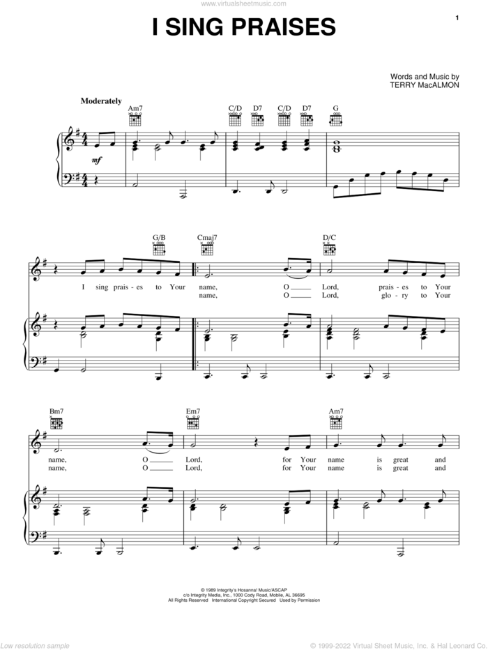 I Sing Praises sheet music for voice, piano or guitar by Terry MacAlmon, intermediate skill level