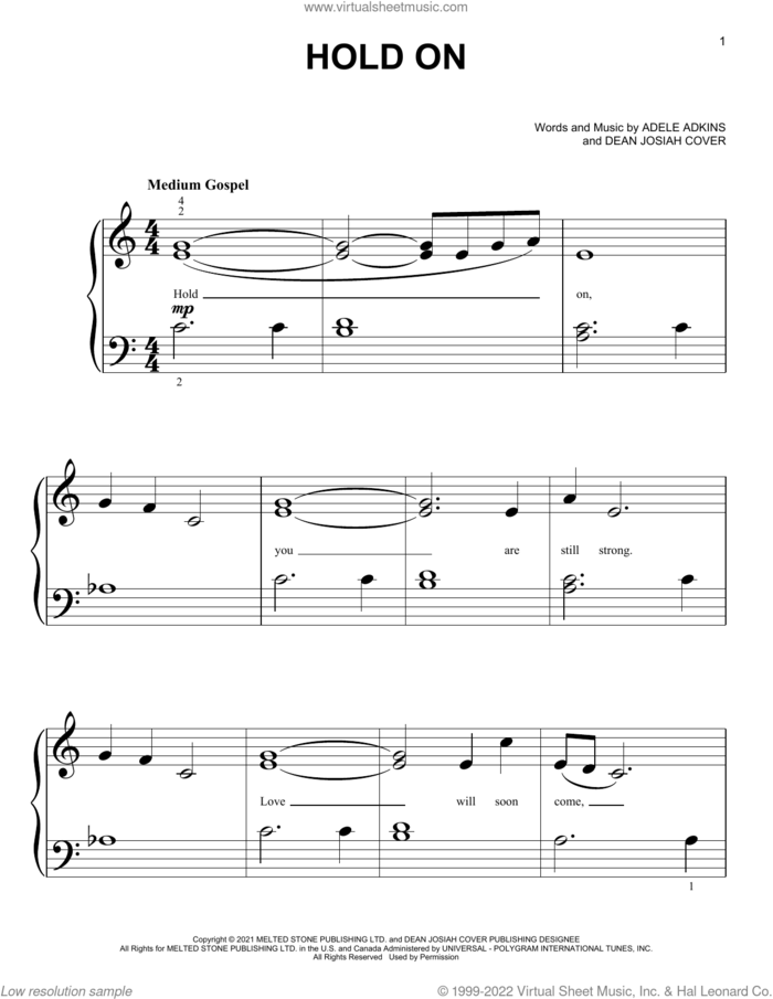 Hold On sheet music for piano solo (big note book) by Adele, Adele Adkins and Dean Josiah Cover, easy piano (big note book)