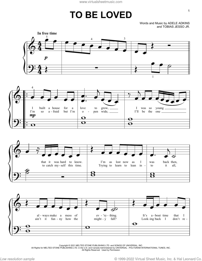 To Be Loved sheet music for piano solo (big note book) by Adele, Adele Adkins and Tobias Jesso Jr., easy piano (big note book)