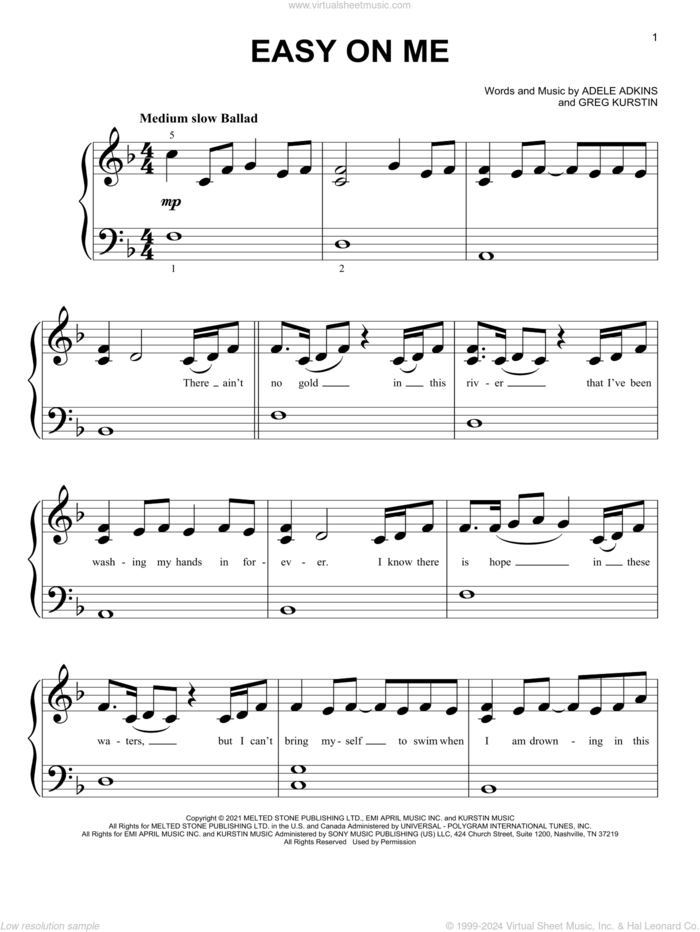 Easy On Me sheet music for piano solo (big note book) by Adele, Adele Adkins and Greg Kurstin, easy piano (big note book)