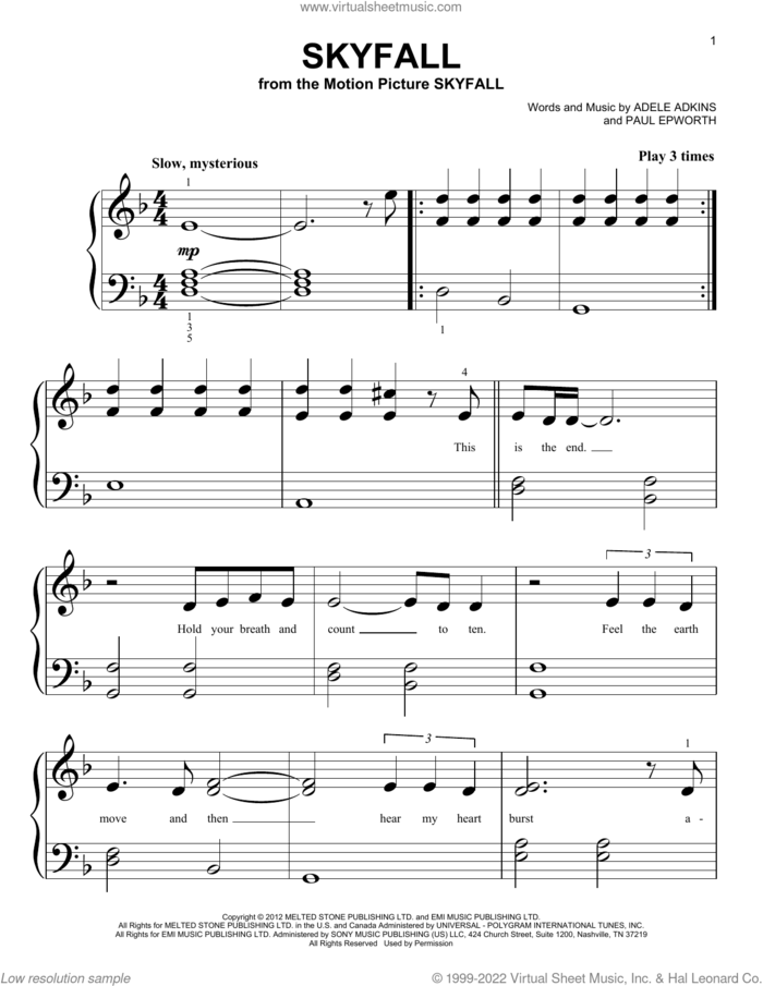 Skyfall sheet music for piano solo (big note book) by Adele, Adele Adkins and Paul Epworth, easy piano (big note book)