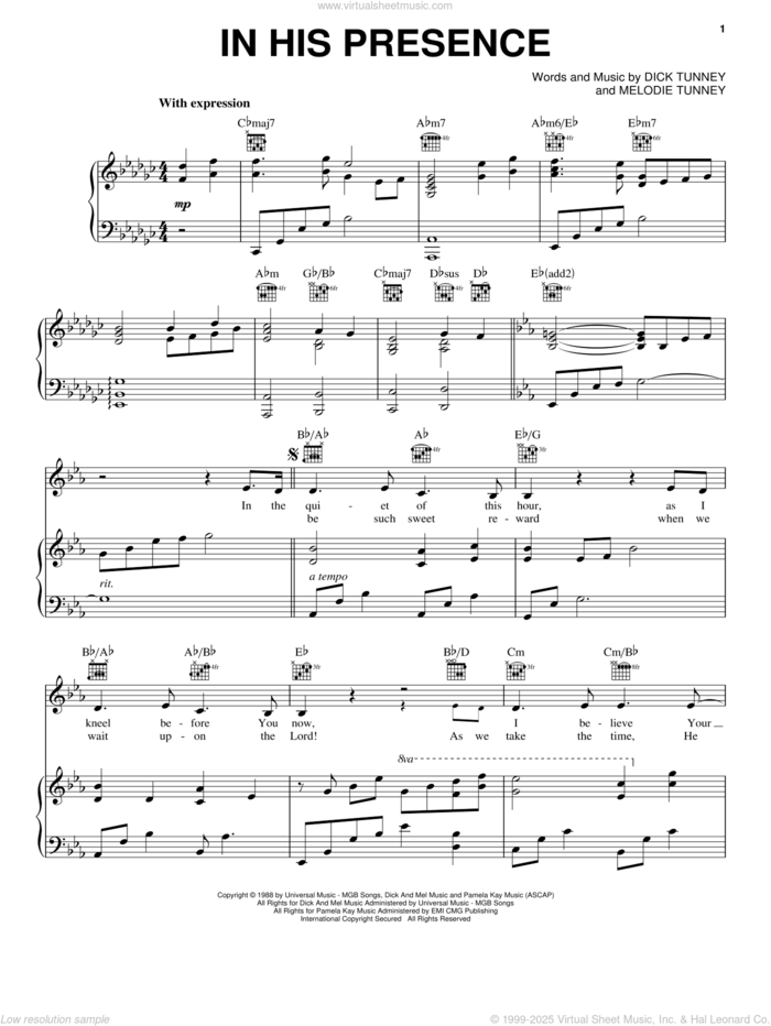 In His Presence sheet music for voice, piano or guitar by Dick Tunney and Melodie Tunney, intermediate skill level