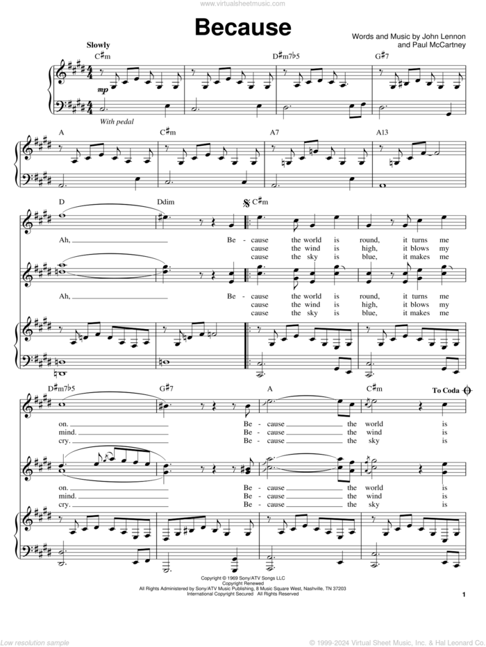 Because sheet music for voice and piano by The Beatles, John Lennon and Paul McCartney, wedding score, intermediate skill level