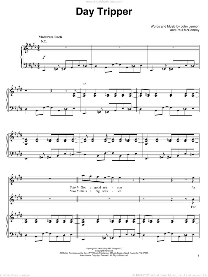 Day Tripper sheet music for voice and piano by The Beatles, John Lennon and Paul McCartney, intermediate skill level