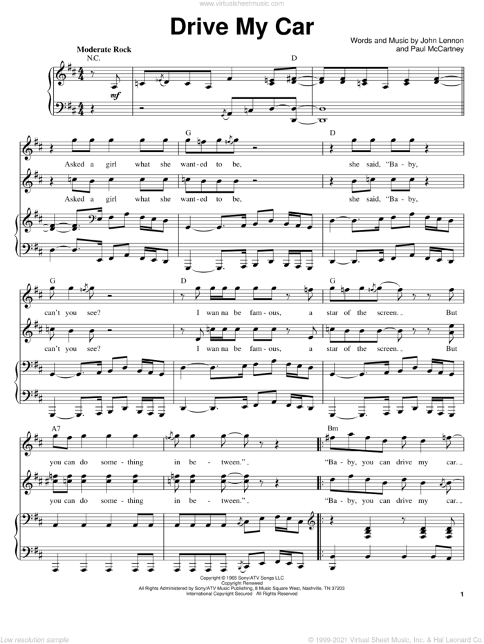 Drive My Car sheet music for voice and piano by The Beatles, John Lennon and Paul McCartney, intermediate skill level