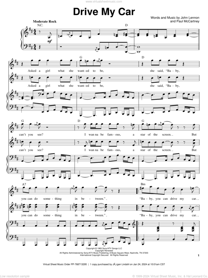 Drive My Car sheet music for voice and piano by The Beatles, John Lennon and Paul McCartney, intermediate skill level