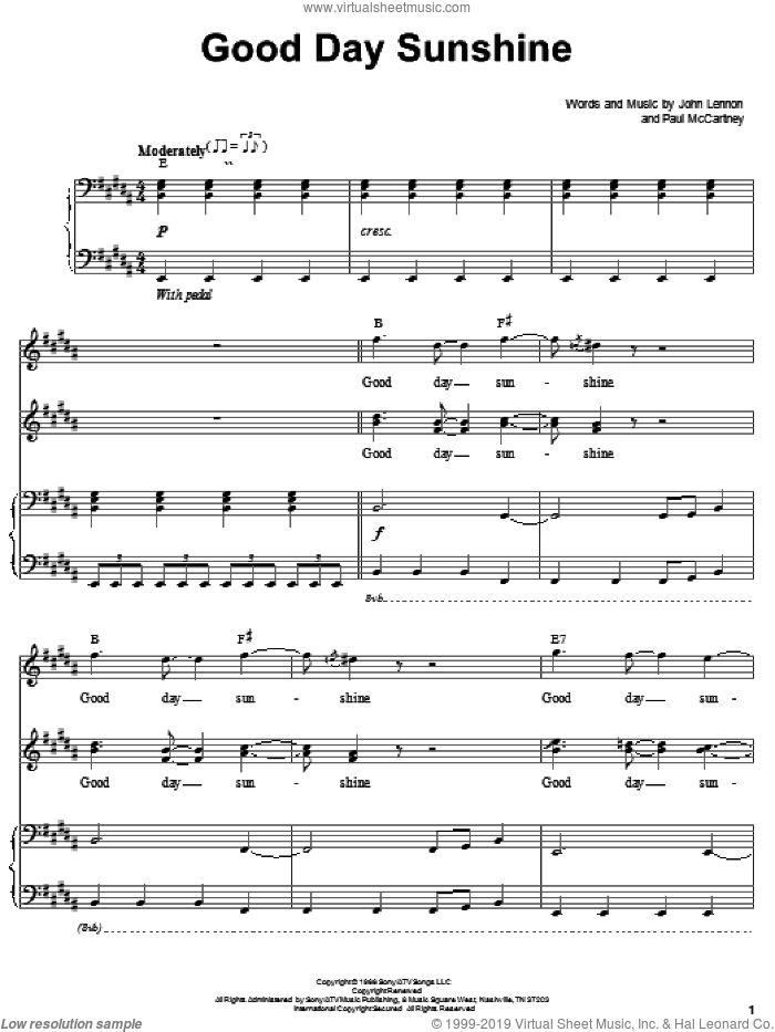 Good Day Sunshine sheet music for voice and piano by The Beatles, John Lennon and Paul McCartney, intermediate skill level