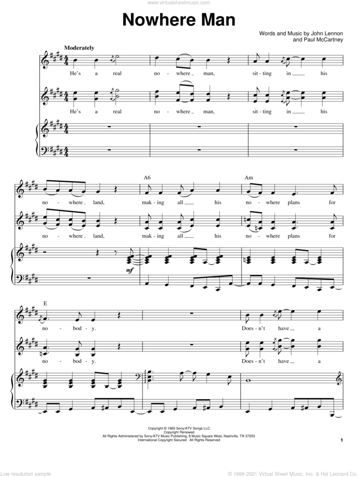Nowhere Man sheet music for voice and piano by The Beatles, John Lennon and Paul McCartney, intermediate skill level