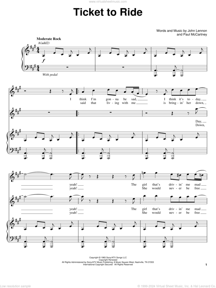 Ticket To Ride sheet music for voice and piano by The Beatles, John Lennon and Paul McCartney, intermediate skill level