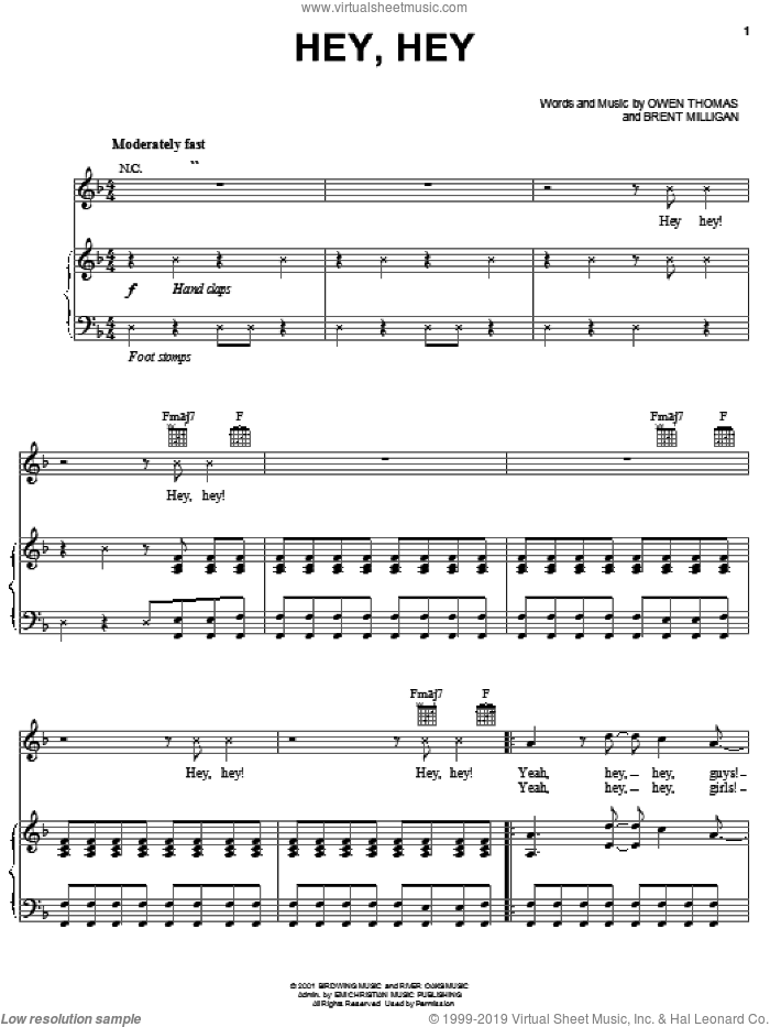 Hey, Hey sheet music for voice, piano or guitar by The Elms, Brent Milligan and Owen Thomas, intermediate skill level