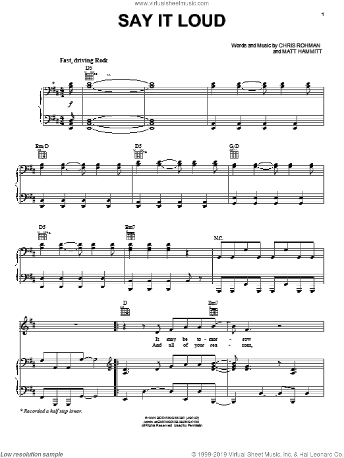 Say It Loud sheet music for voice, piano or guitar by Sanctus Real, Chris Rohman and Matt Hammitt, intermediate skill level