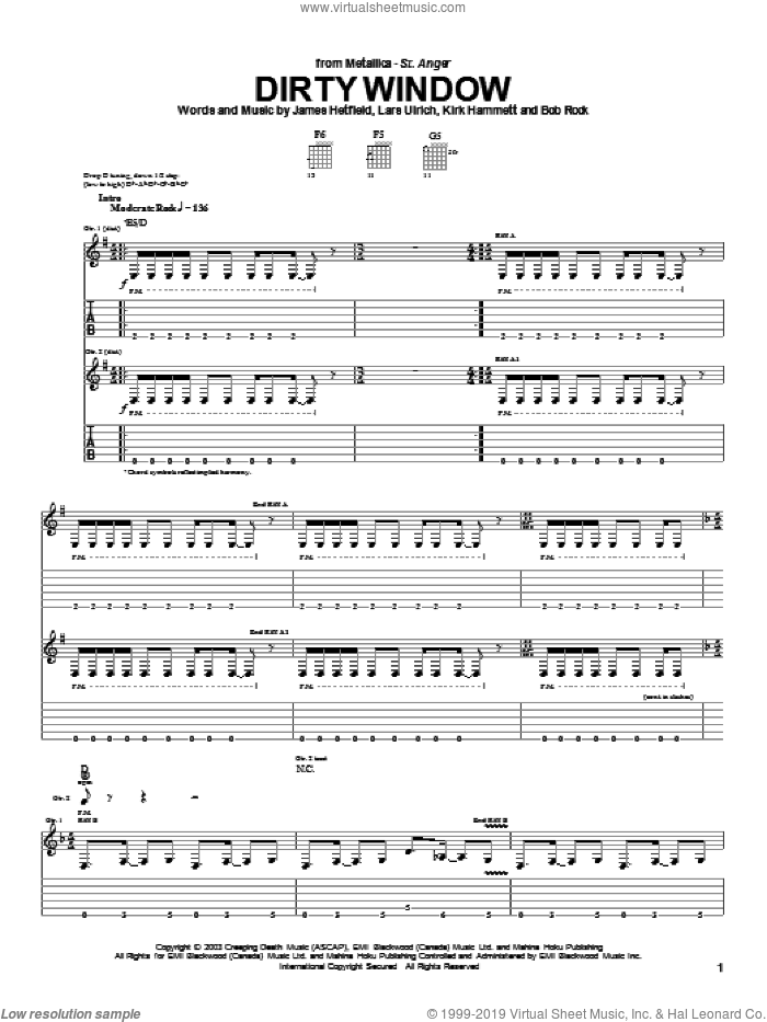 Dirty Window sheet music for guitar (tablature) by Metallica, James Hetfield, Kirk Hammett and Lars Ulrich, intermediate skill level