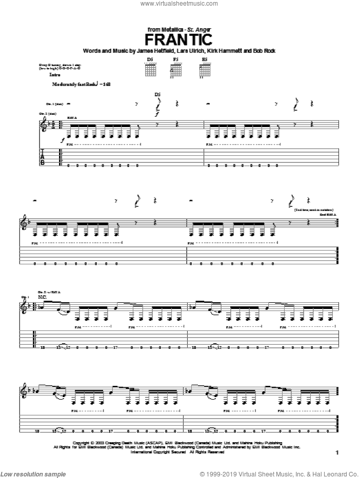 Frantic sheet music for guitar (tablature) by Metallica, James Hetfield, Kirk Hammett and Lars Ulrich, intermediate skill level