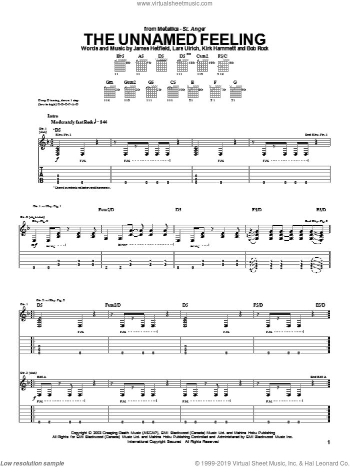 The Unnamed Feeling sheet music for guitar (tablature) by Metallica, James Hetfield, Kirk Hammett and Lars Ulrich, intermediate skill level