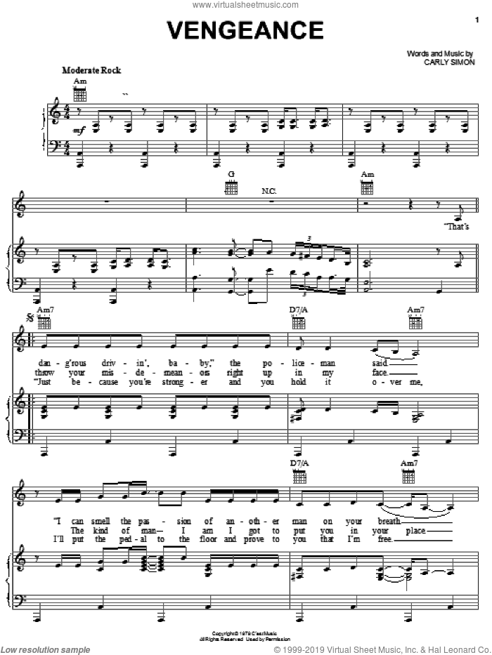 Vengeance sheet music for voice, piano or guitar by Carly Simon, intermediate skill level