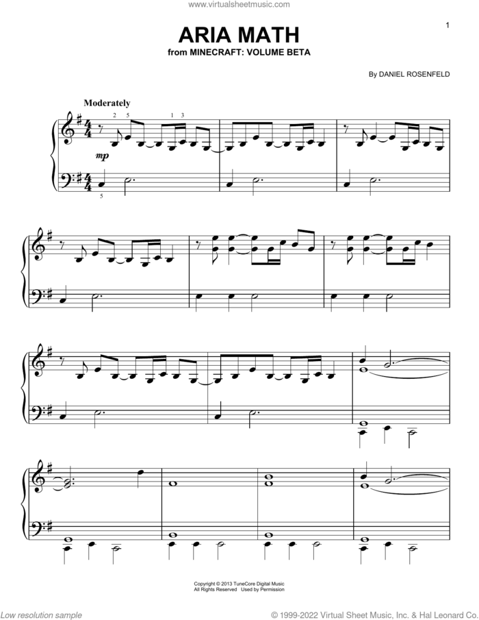 Aria Math (from Minecraft), (easy) sheet music for piano solo by C418 and Daniel Rosenfeld, easy skill level