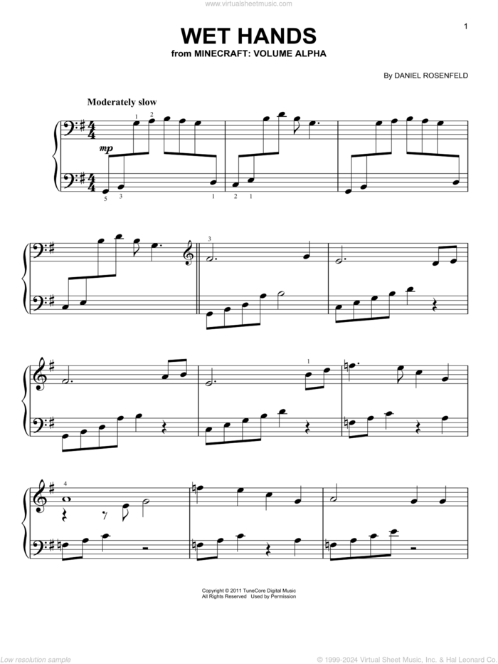 Wet Hands (from Minecraft), (easy) sheet music for piano solo by C418 and Daniel Rosenfeld, easy skill level